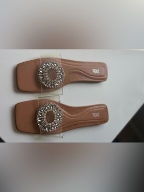 Zara Brown Slide Sandals with Crystal Circle Accent